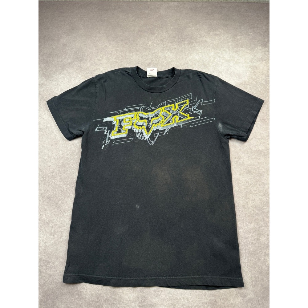 VTG Fox Racing Mens M Graphic T-Shirt Black Yellow Logo Distressed Fade Motor MX